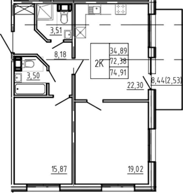 2-комнатная квартира 74.91 м², 5/5 эт., Комплекс апартаментов «Bereg. Курортный»